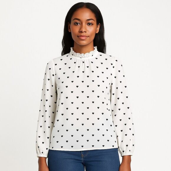 Unbranded Tops - White Ruffle Mock Neck Long Sleeve Blouse Black Heart Print Women’s Size M